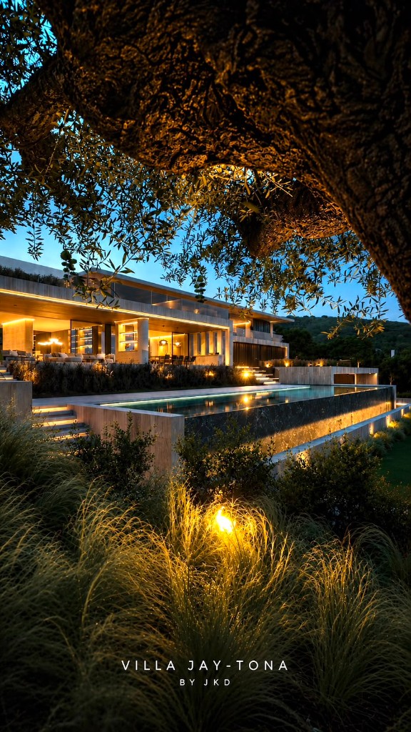 Villa Jay-Tona exterior at twilight